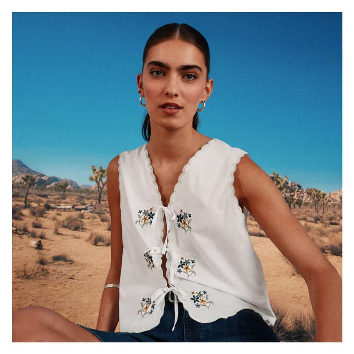 Women's Embroidered Tie Tank Top - Bright White